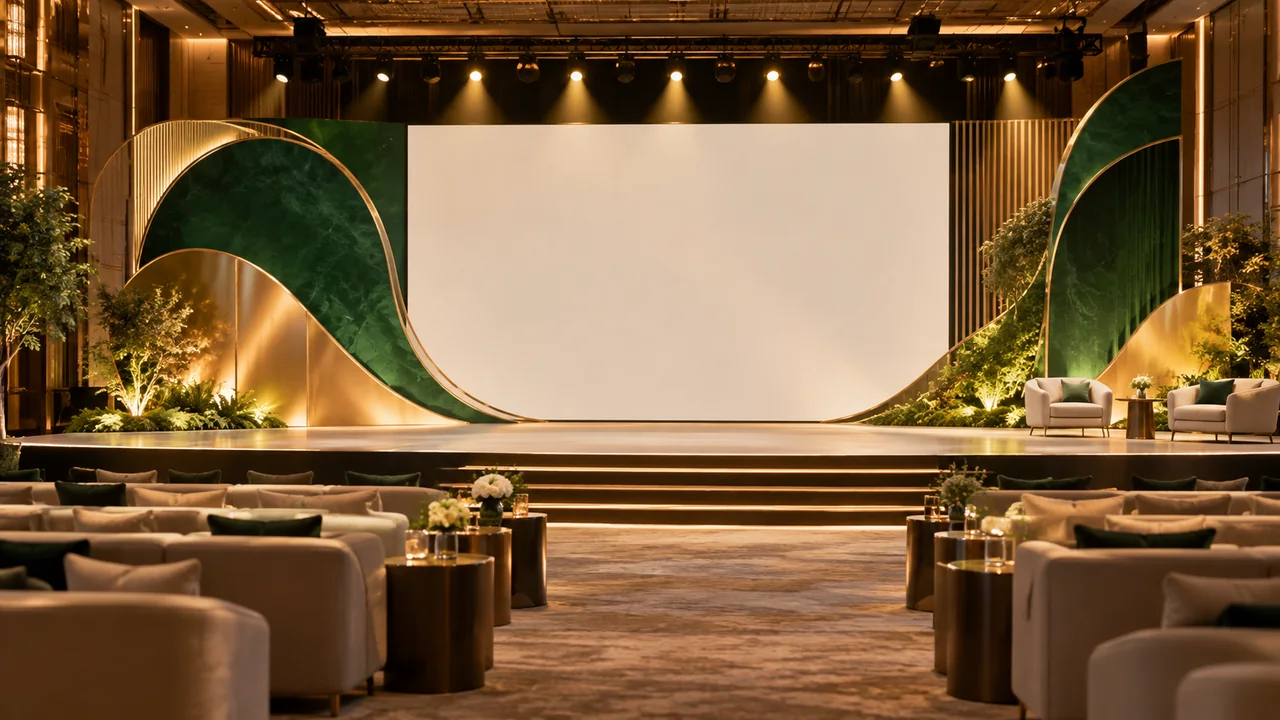 Corporate stage with abstract green and gold design elements