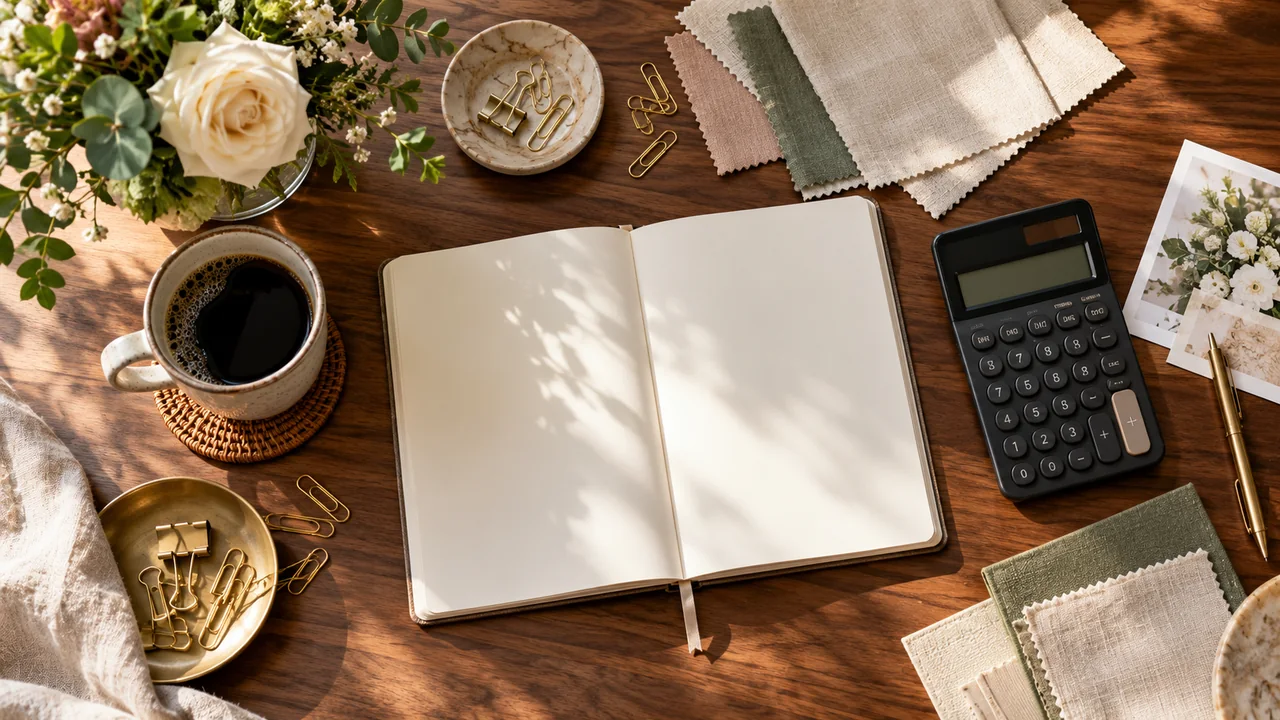 Event budgeting desk with notebook, calculator and fabric samples