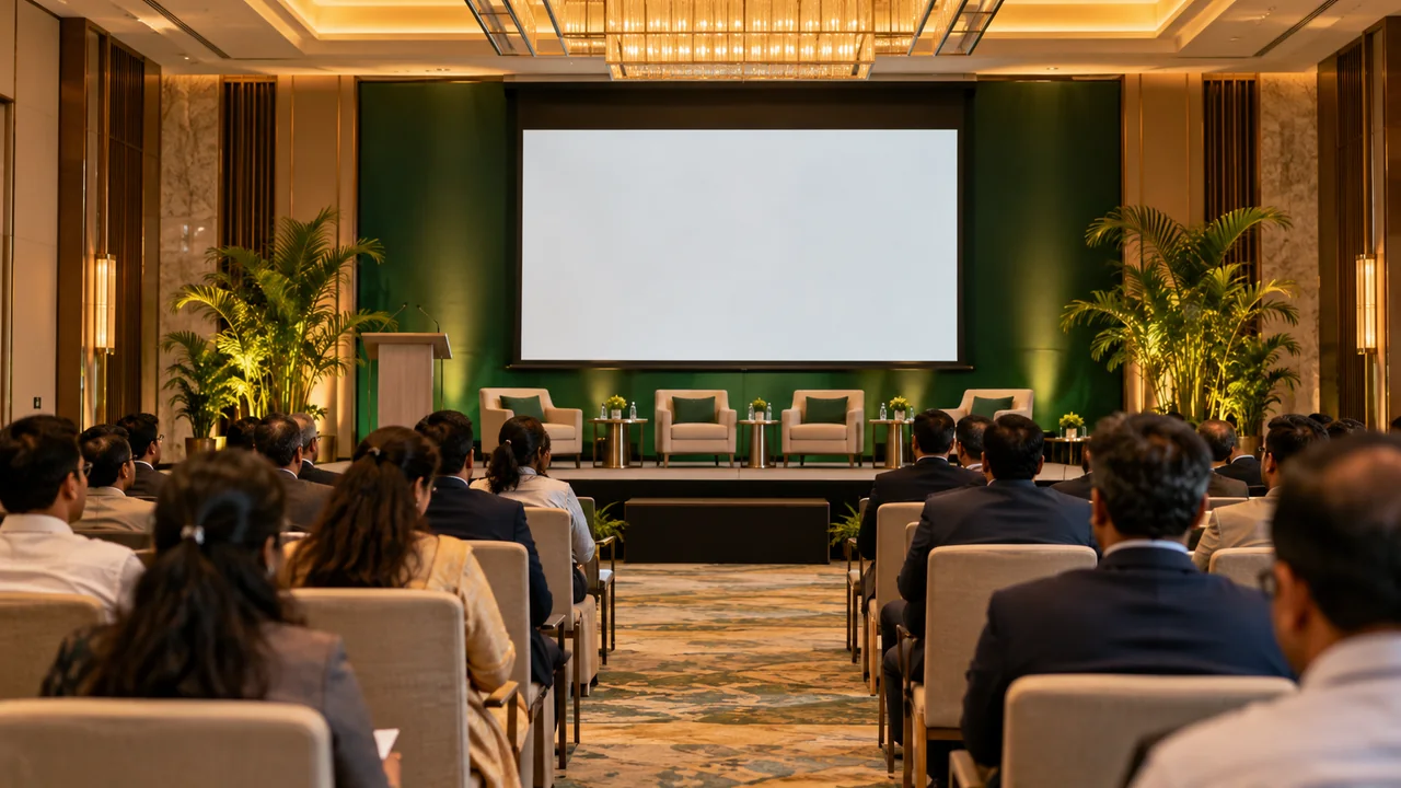 Corporate conference with a presentation stage and seated attendees