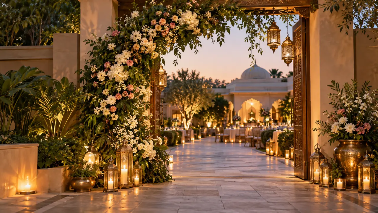 Floral entrance and lanterns welcoming guests into a courtyard