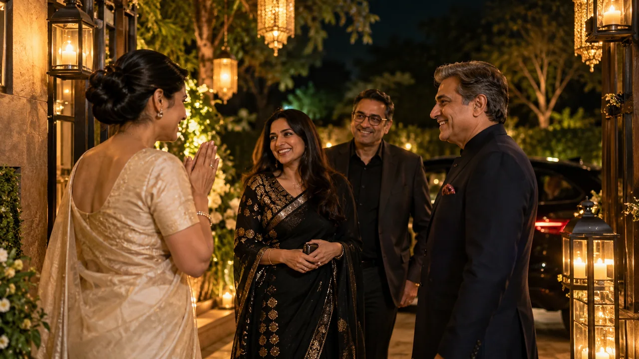 Host bidding farewell to departing guests at a lantern-lit entrance