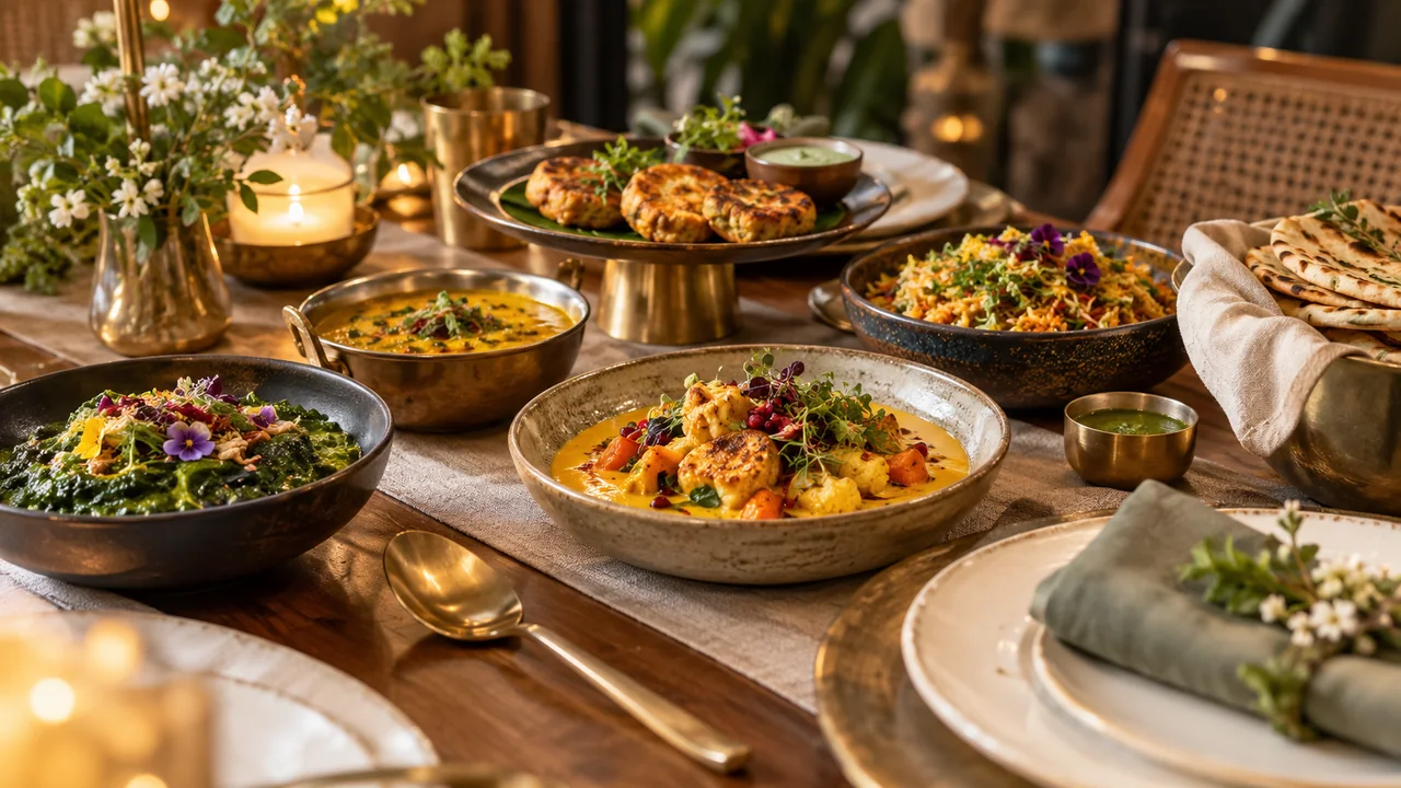 Thoughtfully presented vegetarian dishes and table settings