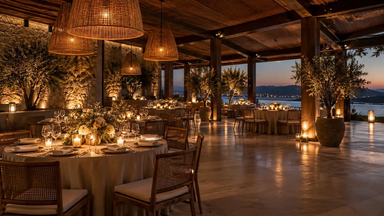 Warmly lit dining venue with candles and clear guest pathways