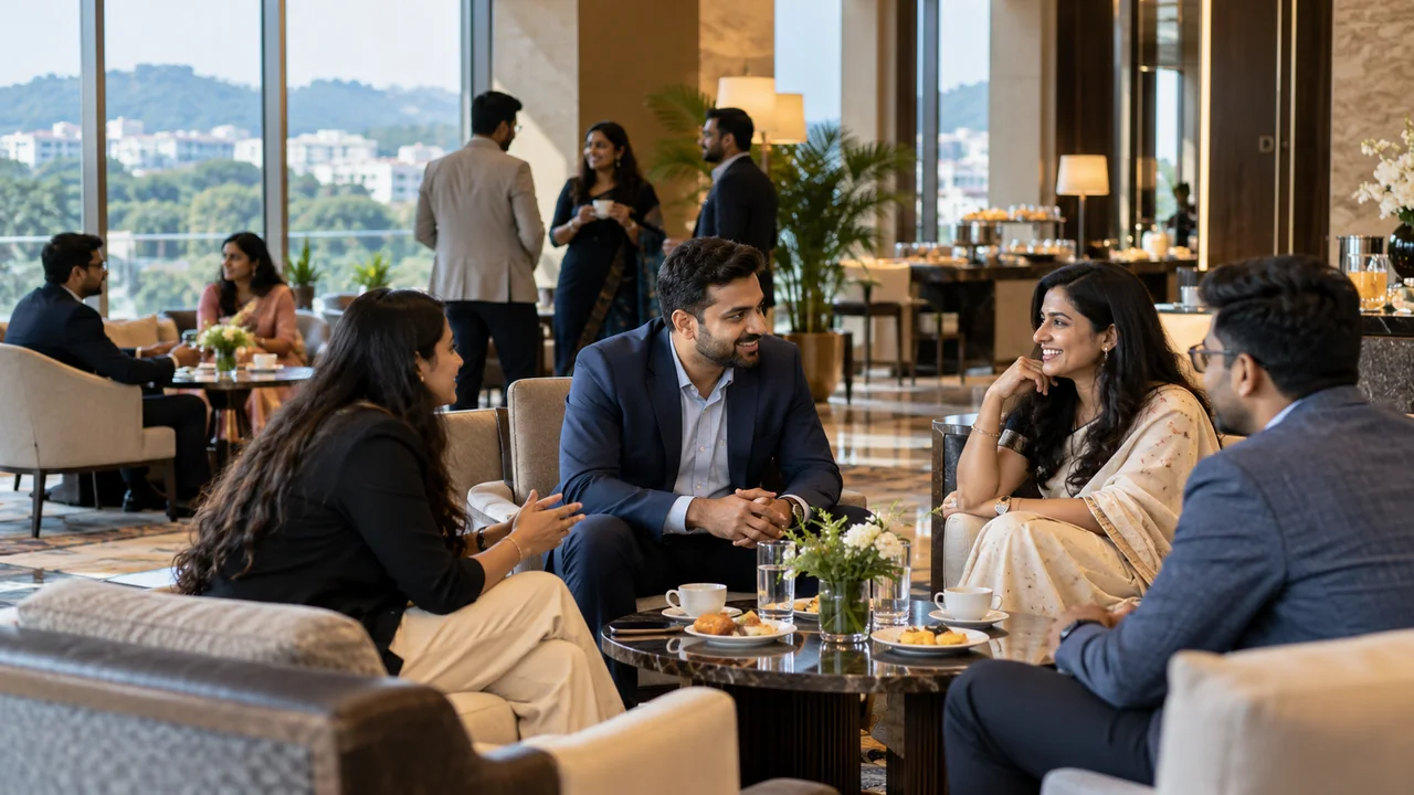 Business guests connecting in small groups at a networking gathering