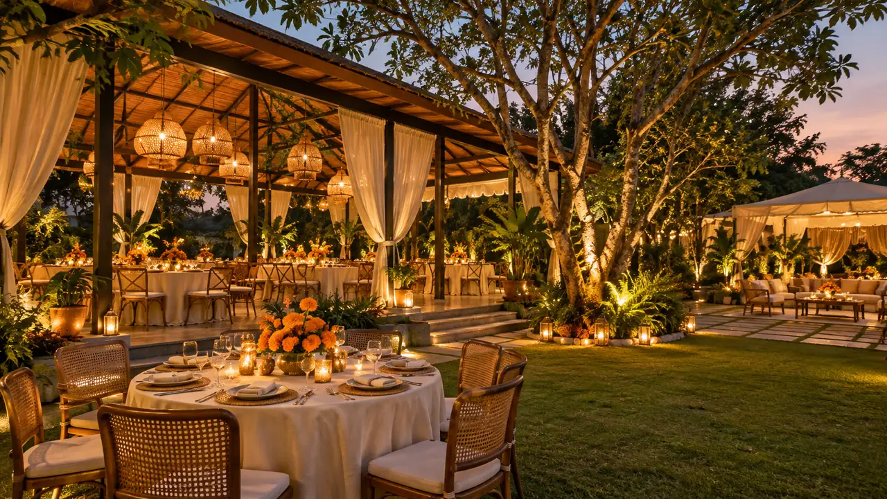 Outdoor celebration tables beside a sheltered garden pavilion