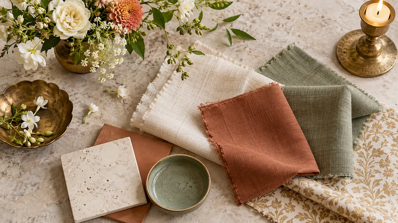 Event colour palette of fabric swatches, flowers and brass details