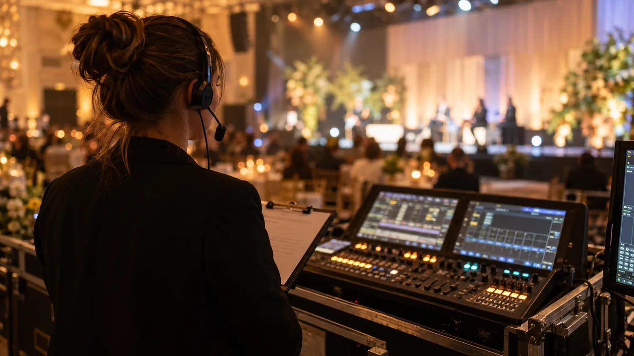 Event coordinator with a headset beside a stage control desk