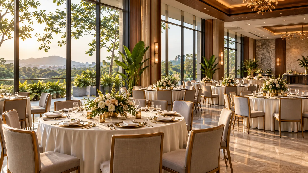 Sunlit banquet venue with round tables, ivory linens and garden views