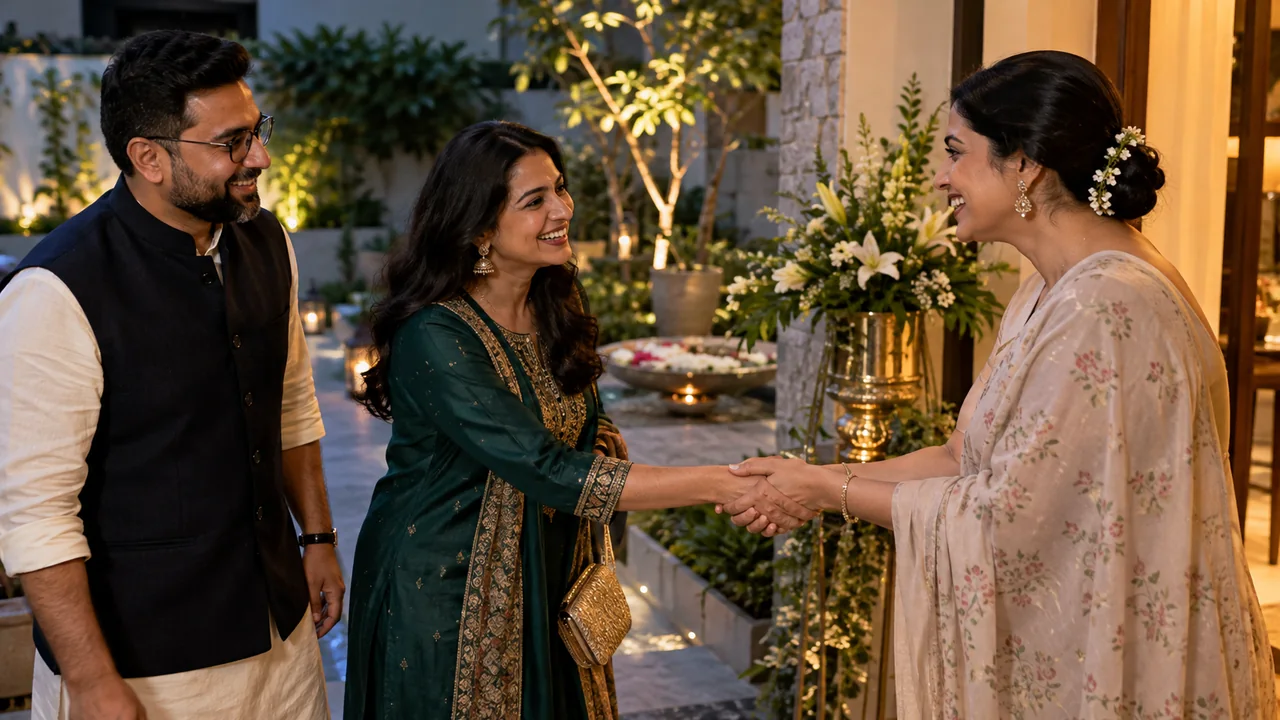 Host welcoming arriving guests to a private celebration